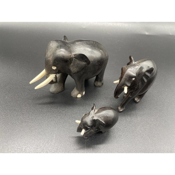 Hand Carved Wooden Elephant Family Mama And Babies Set Of 3 Vintage Elephants - Picture 2 of 15